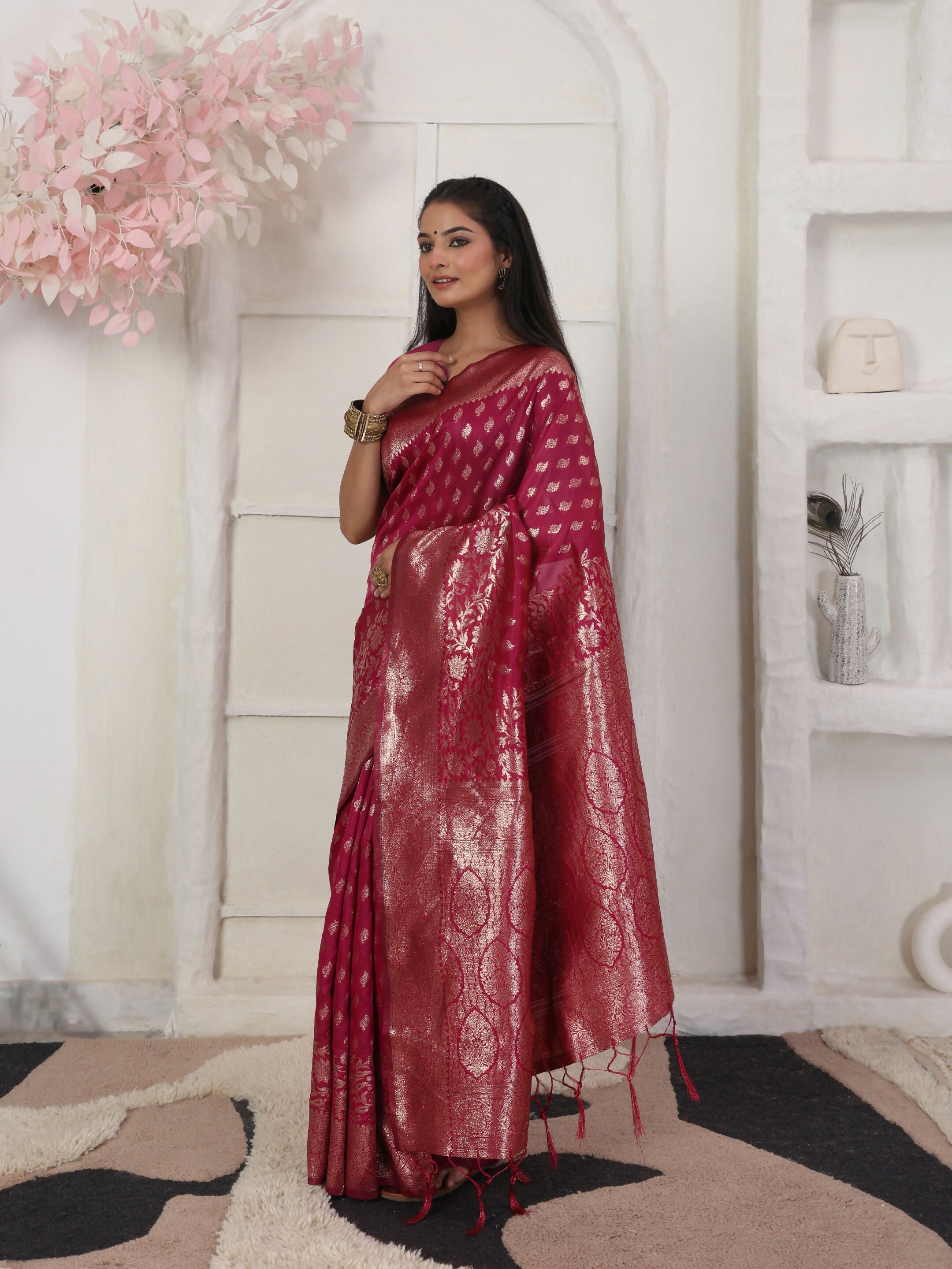 Shree Shyam Fashion Lichi Silk Wine Saree - Distacart