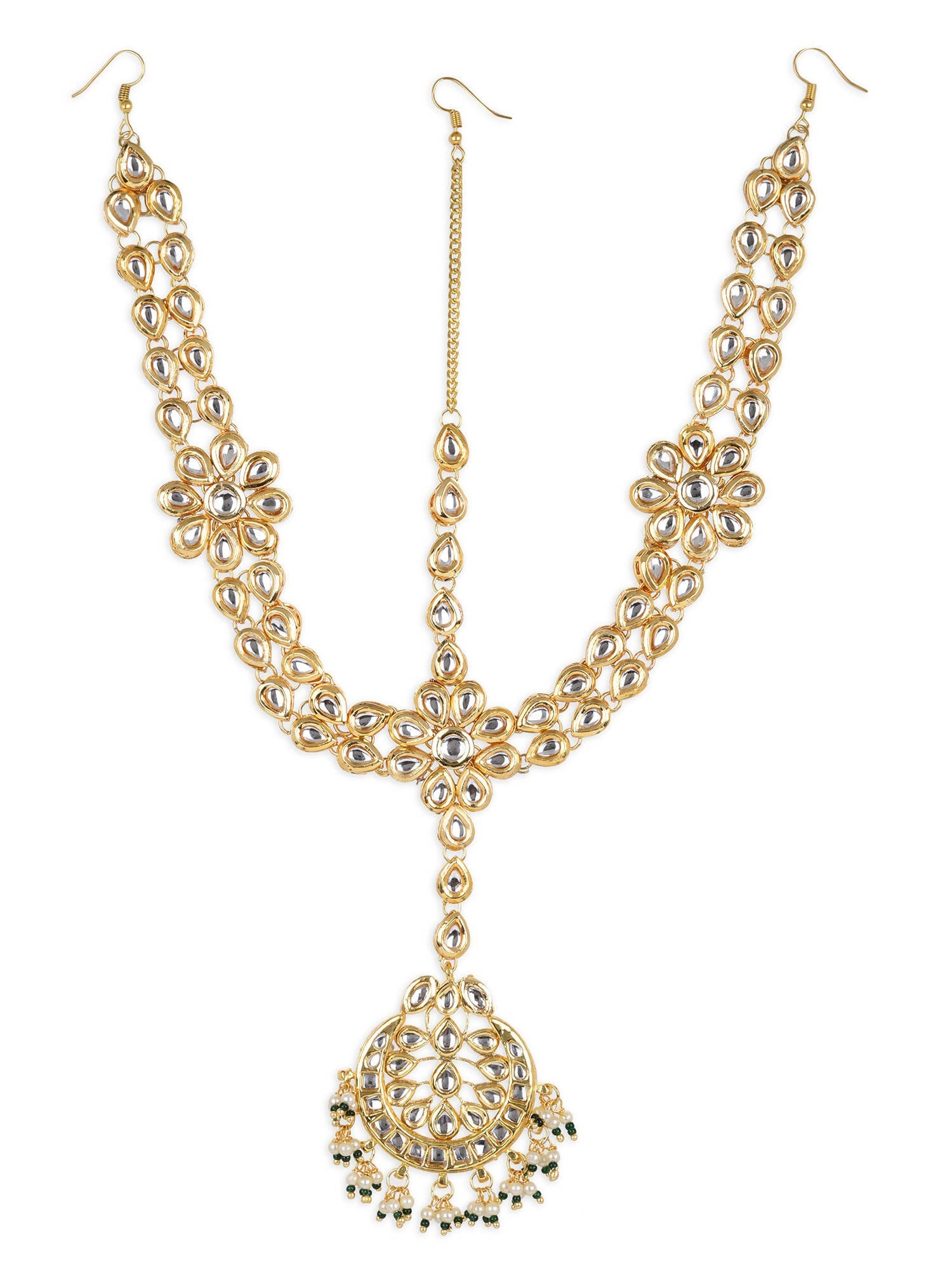Gold-Plated White Kundan-Studded Pearl Beaded Matha Patti - Ruby Raang - Distacart