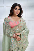Green Banarasi Crush silk Sequence Embroidered with Stone work Saree - Mohmanthan Majestica