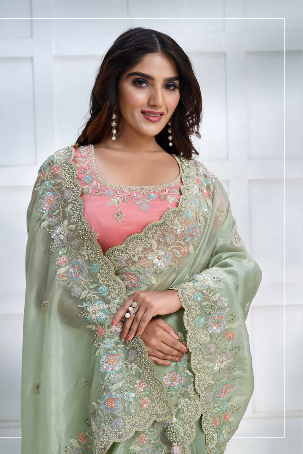 Green Banarasi Crush silk Sequence Embroidered with Stone work Saree - Mohmanthan Majestica