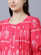 Myshka Women's Pink White Ethnic Motifs Printed Maxi Dress - Distacart