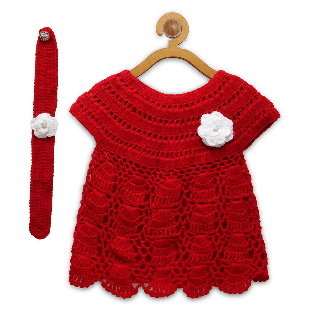 ChutPut Hand knitted Crochet Red Wedding Wool Dress For Baby Girls