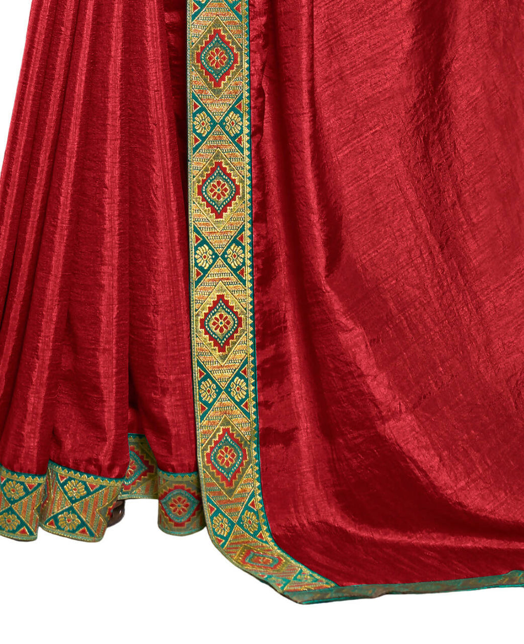 Red Solid Vichitra Saree With Unstitched Blouse Piece - Selena