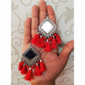 Silver Mirror Oxidized Red Color Silk Threads German Silver Earrings