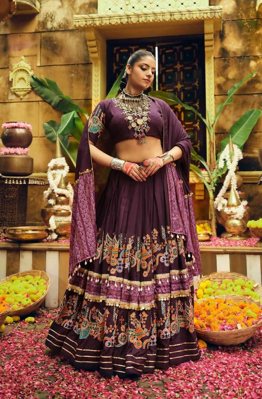 Teeya Creation Wine Colour Rayon Silk Digital Print Fully Stitched Navratri Lehenga