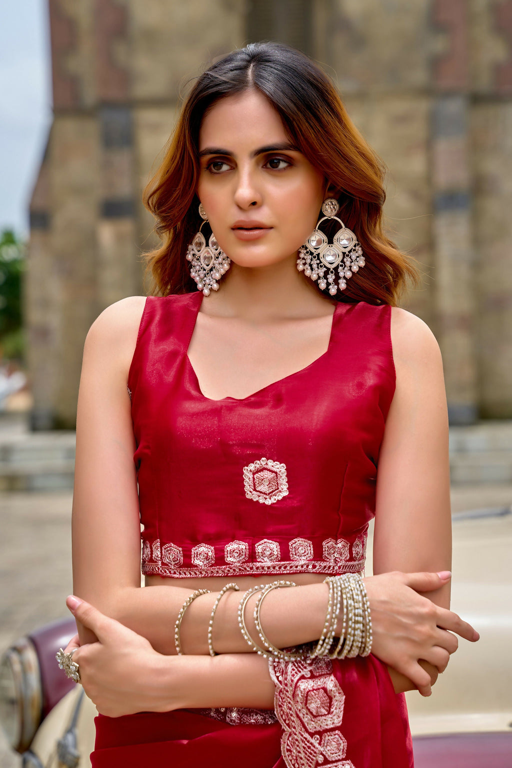 Vastranavya Red Embroidery Work Shimmer Chiffon Saree with Unstitched Blouse - Distacart