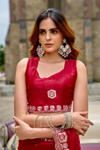 Vastranavya Red Embroidery Work Shimmer Chiffon Saree with Unstitched Blouse - Distacart