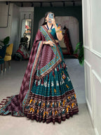 Vastranavya Traditional Ikkat Patola Print Tussar Silk Lehenga Choli - Teal