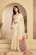 Vastranavya Off White Digital Printed Linen Ready To Wear Pocket Saree with Unstitched Blouse - Distacart