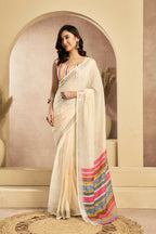 Vastranavya Off White Digital Printed Linen Ready To Wear Pocket Saree with Unstitched Blouse - Distacart