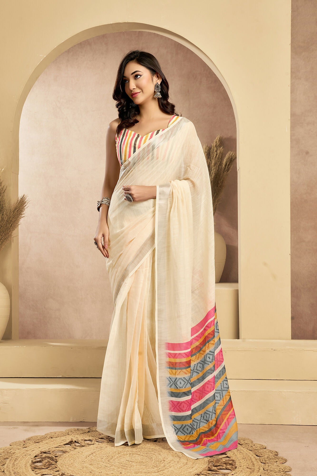 Vastranavya Off White Digital Printed Linen Ready To Wear Pocket Saree with Unstitched Blouse - Distacart