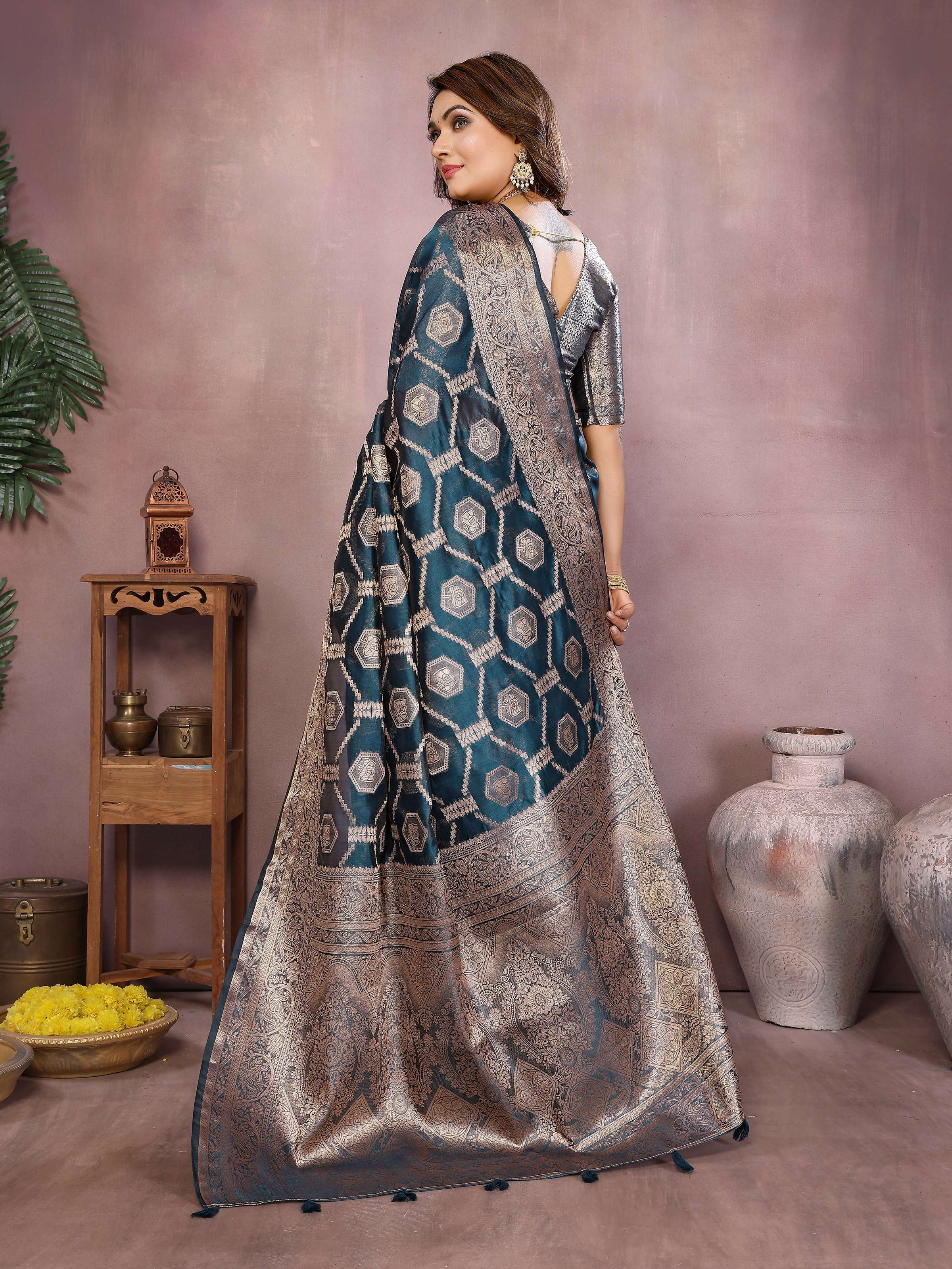 Aastha Fashion Teal Soft Organza Silk Weaving Saree - Distacart