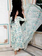 Miravan Women's Light Green Birds And Leaf Floral Printed Anarkali Kurta And Dupatta Set