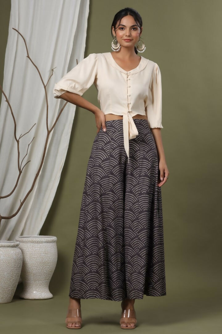 Juniper Grey Ethnic Motif Printed Rayon Flared & Kalidar Palazzo