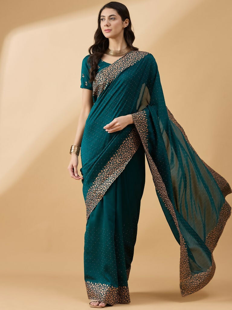 Teal Silk Blend Embroidered Saree with Unstitched Blouse - Vairagi