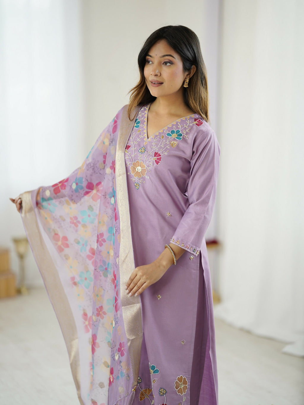The52 Lavender Women's Gorgeous Embroidered work Viscose Gadhwal Fabric Straight Kurta, Pant and Dupatta Set - Distacart