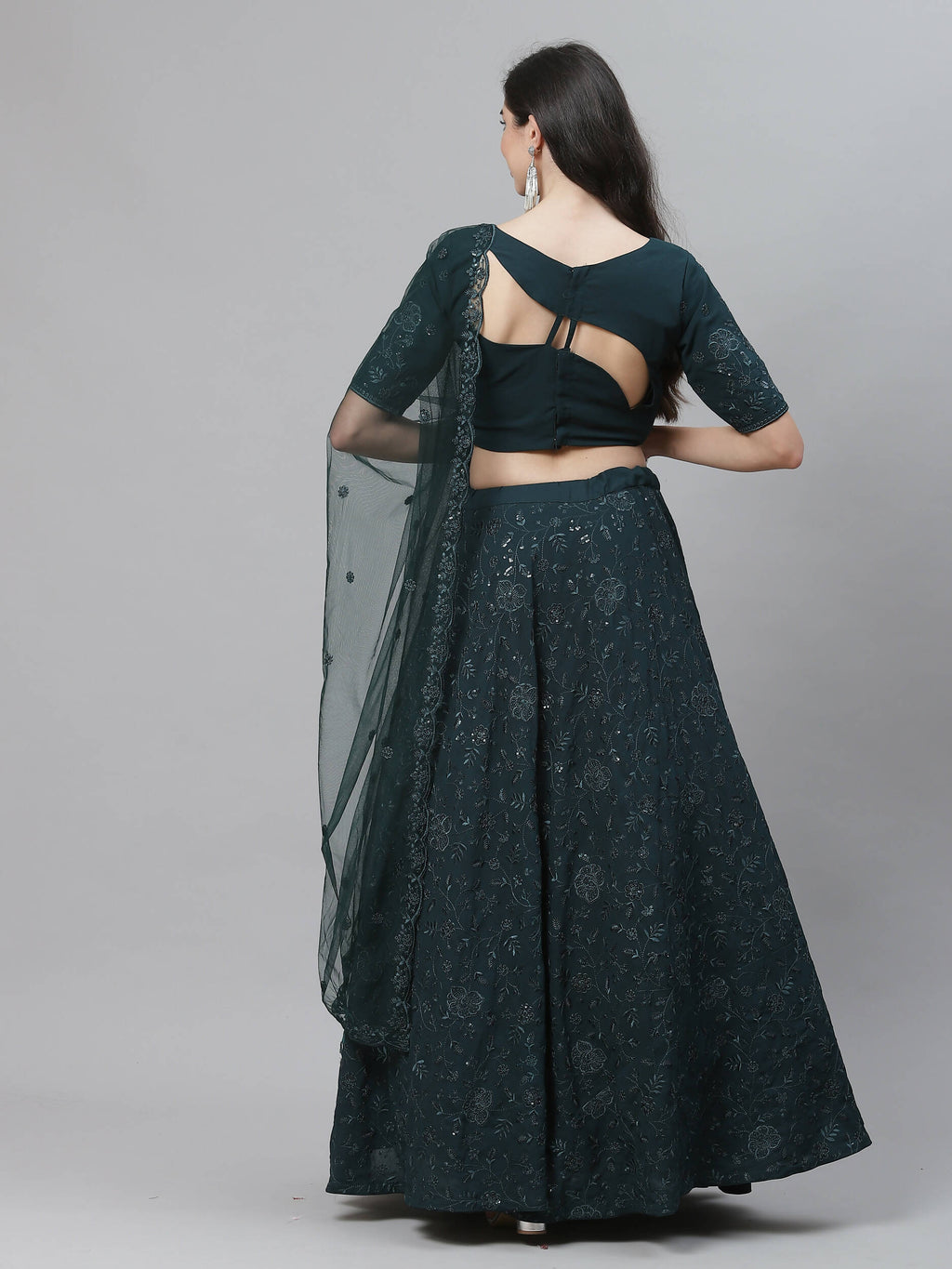 Green Georgette Thread with Sequins Embroidery Work Lehenga Choli with Dupatta - Jivika