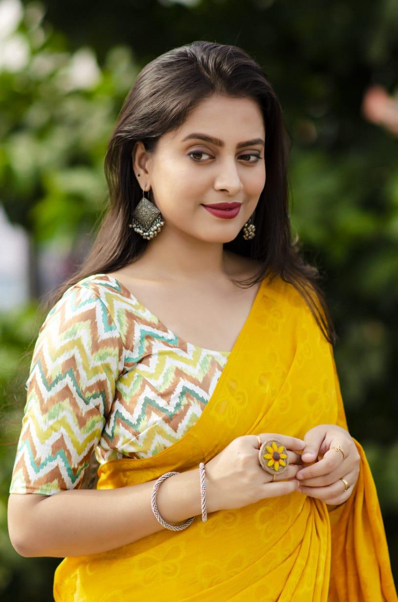 Mustard Silk Blend Ethnic Motifs Saree with Unstitched Blouse - A2M