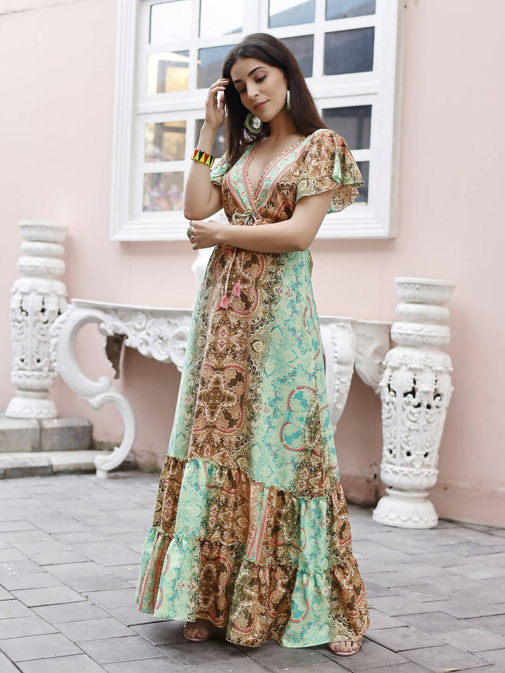 Sea Green Rayon Foil Printed Long Dress - Michan - Distacart