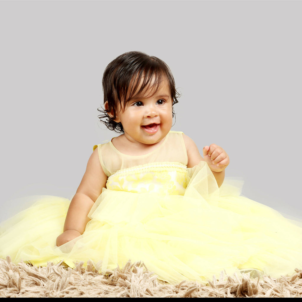 Pink Cow Fashions Yellow Gown With Organza Chest & Net Layer Ghera