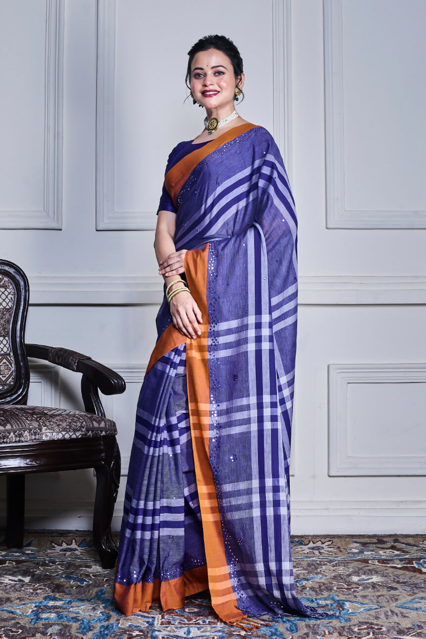 Morchari Sky Blue Cotton Handloom Mirror Work Saree Unstitched Blouse - Distacart
