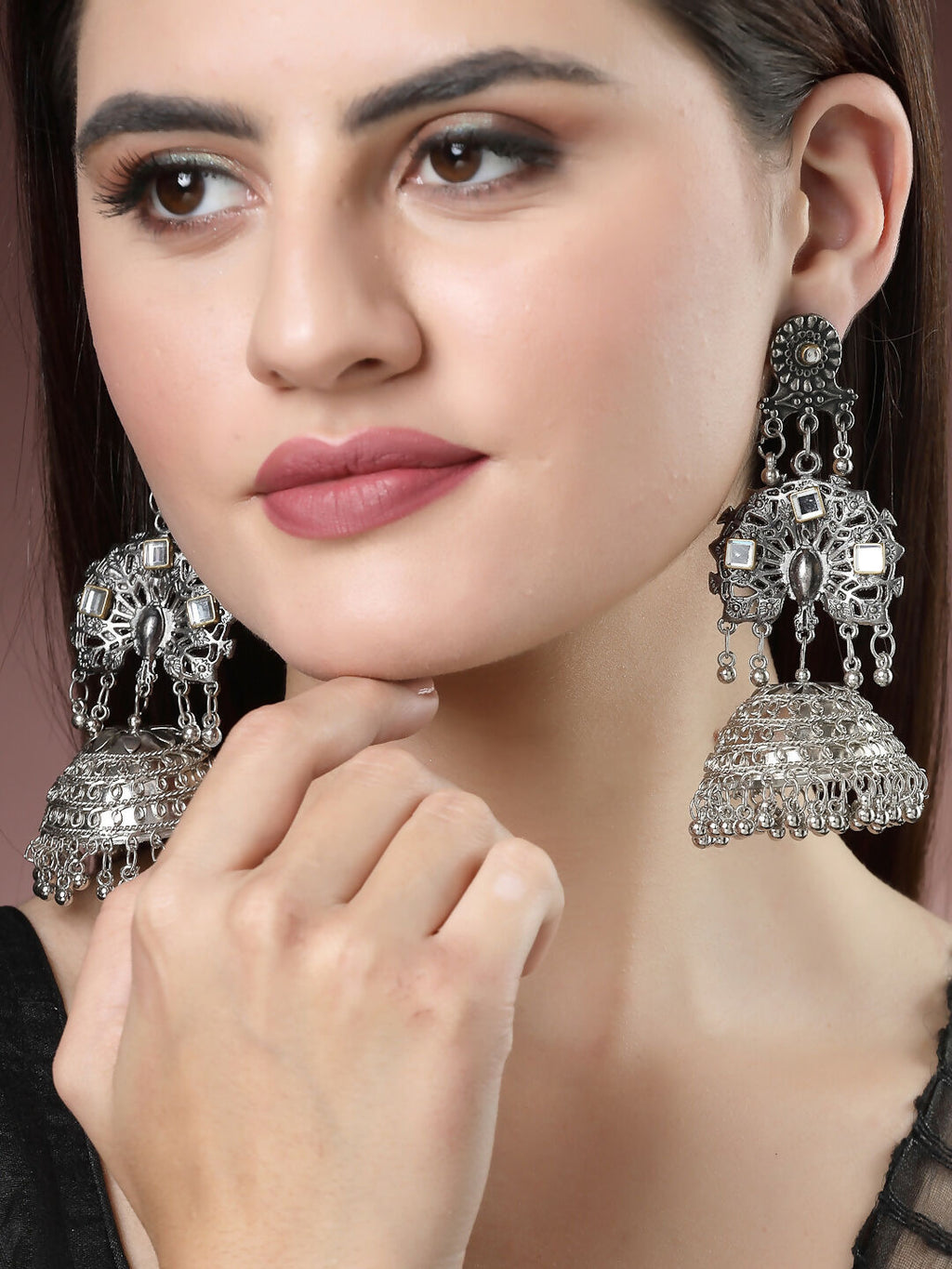 NVR Women's Silver Plated Mirror Work Oxidised Contemporary Jhumka Earrings - Distacart