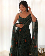 Joban Fashion Bottle Green Kurta Set Chiffon Sequin Embroidery Work - Distacart