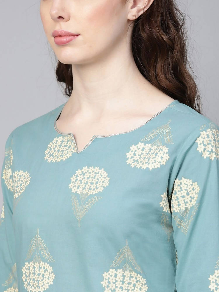 Yufta Women Blue & Off-White Printed Kurta with Palazzo