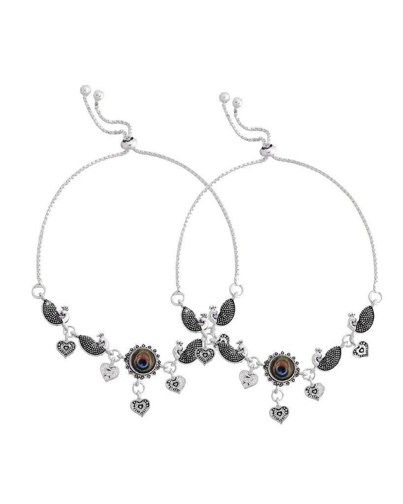 VOJ Set Of 2 Silver Plated Peacock Handcrafted Anklets - Distacart