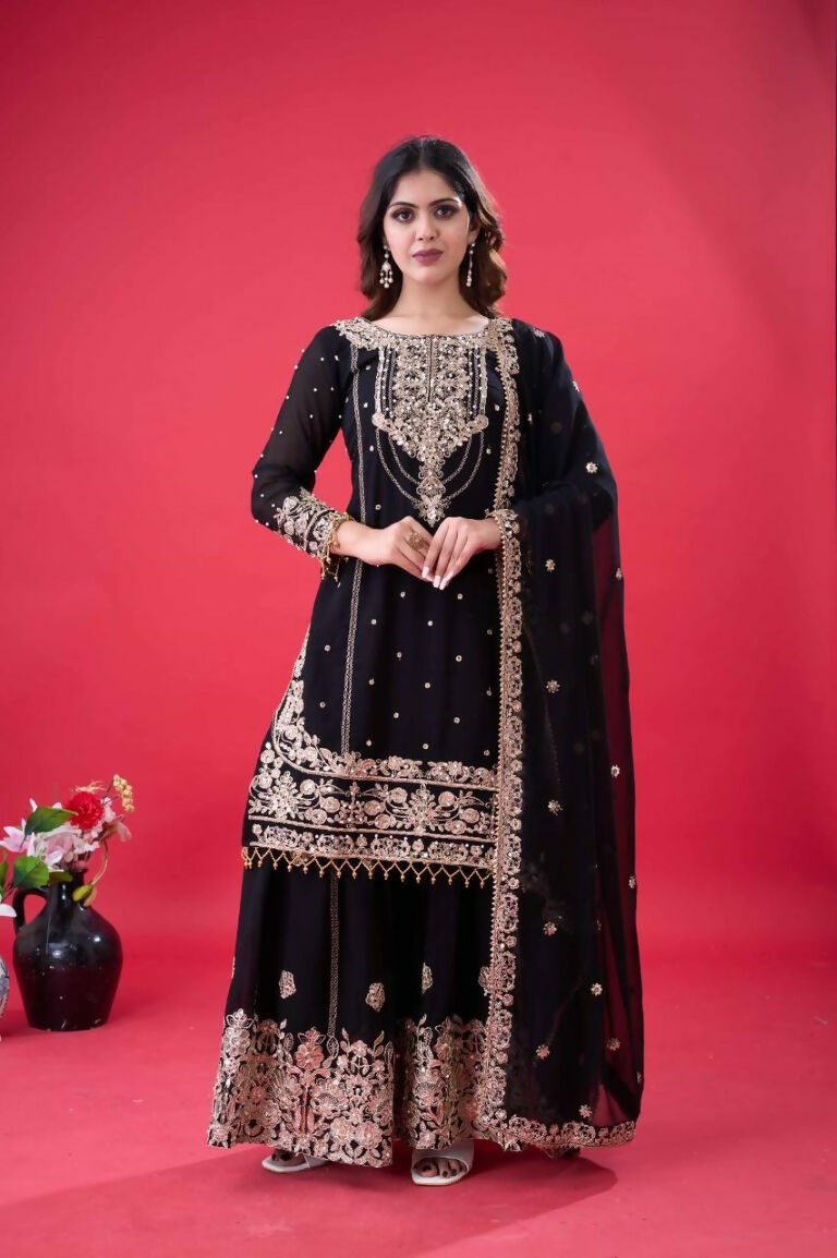 Teeya Creation Black Color Faux georgette Embroidery Work Sharara Set - Distacart