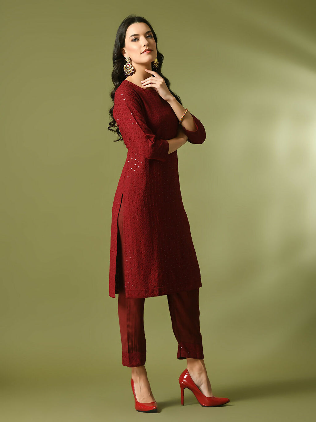 Myshka Women's Maroon Embroidered Cotton Straight Party Kurta Set