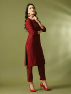Myshka Women's Maroon Embroidered Cotton Straight Party Kurta Set