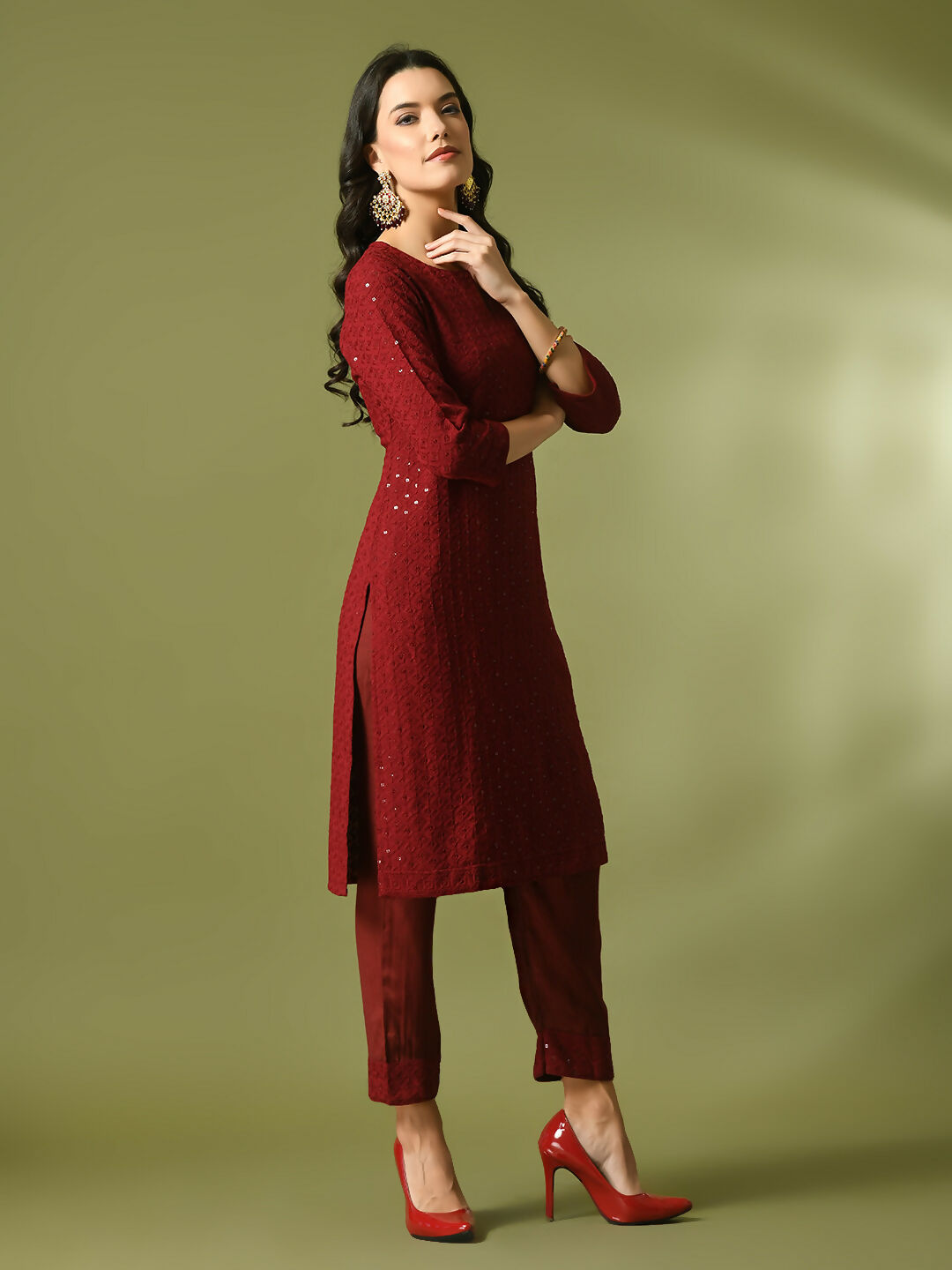 Myshka Women's Maroon Embroidered Cotton Straight Party Kurta Set