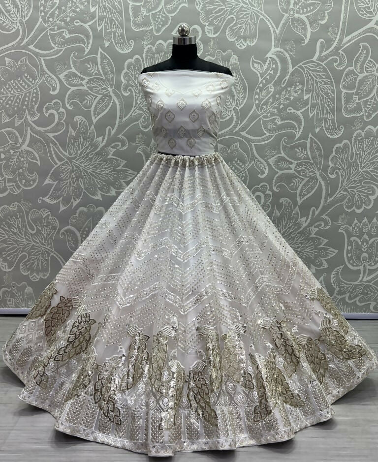 Jyoti Fashion Women's White Bridal Net Fancy Foil & Sequins with Multi Thread Embroidered Wedding Lehenga Choli