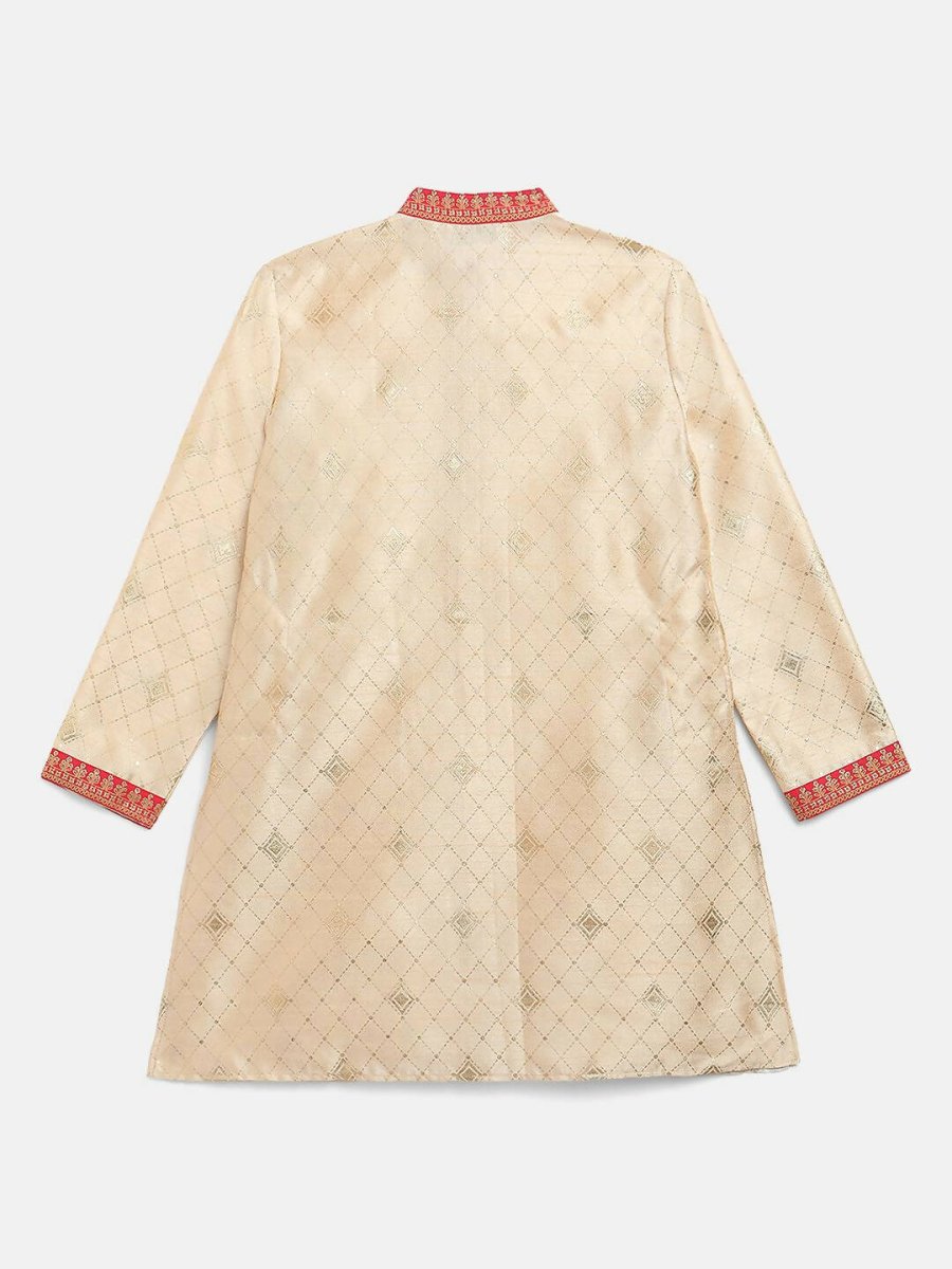 Ahalyaa Beige Poly Silk Gold Print Kids Kurta Churidar Set For Boys