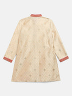 Ahalyaa Beige Poly Silk Gold Print Kids Kurta Churidar Set For Boys