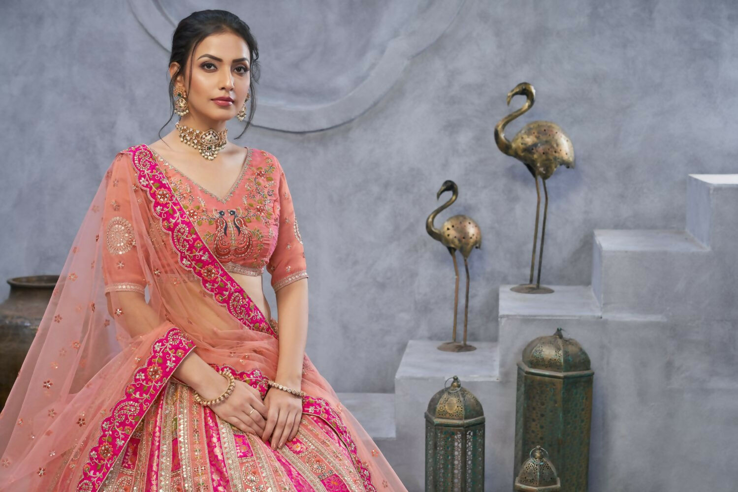 Kesar Fab Pink Organza Embroidered Lehenga
