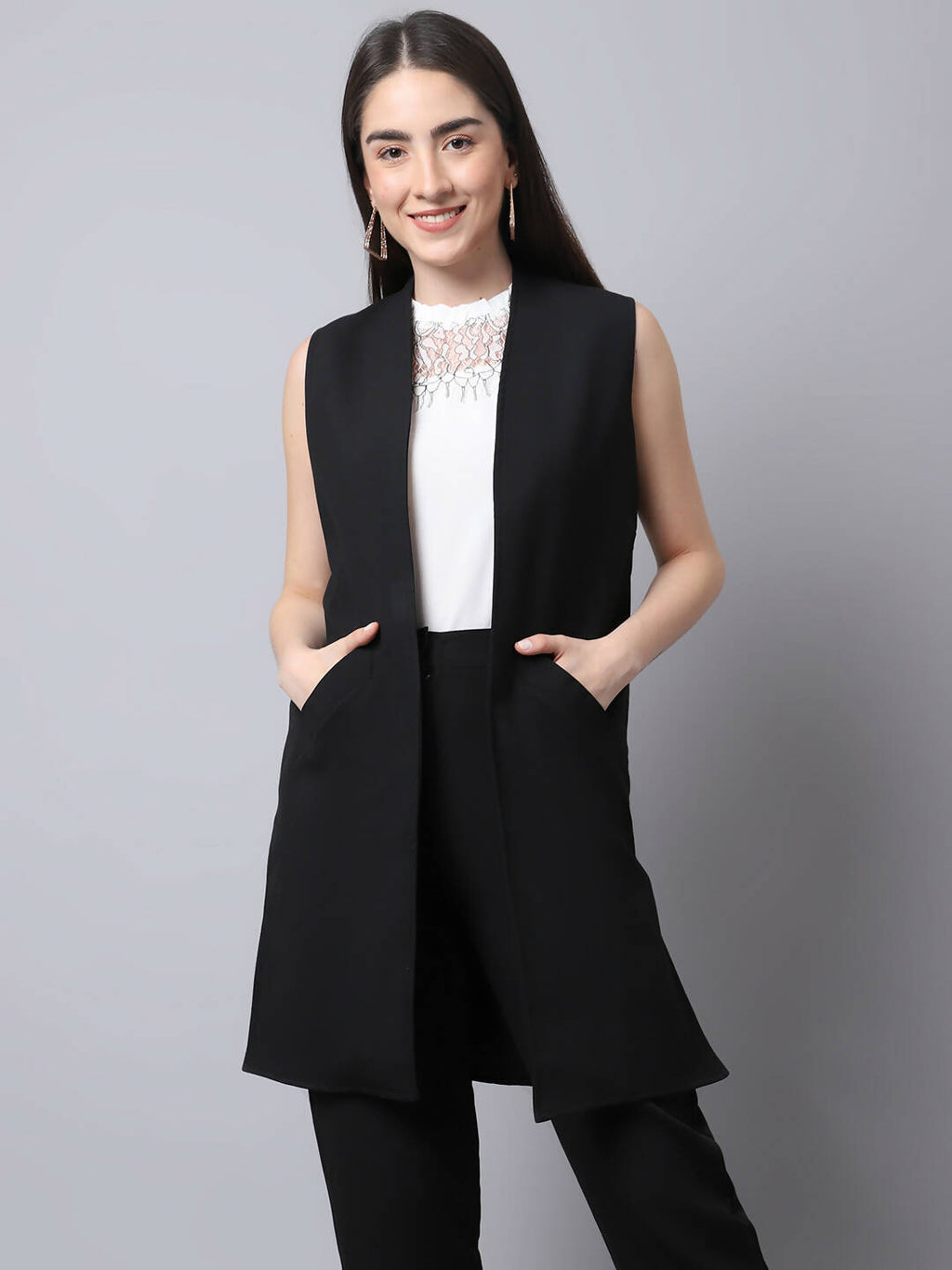 Even Apparels Black Polywool Open Front Women's Long Coat PW668 - Distacart
