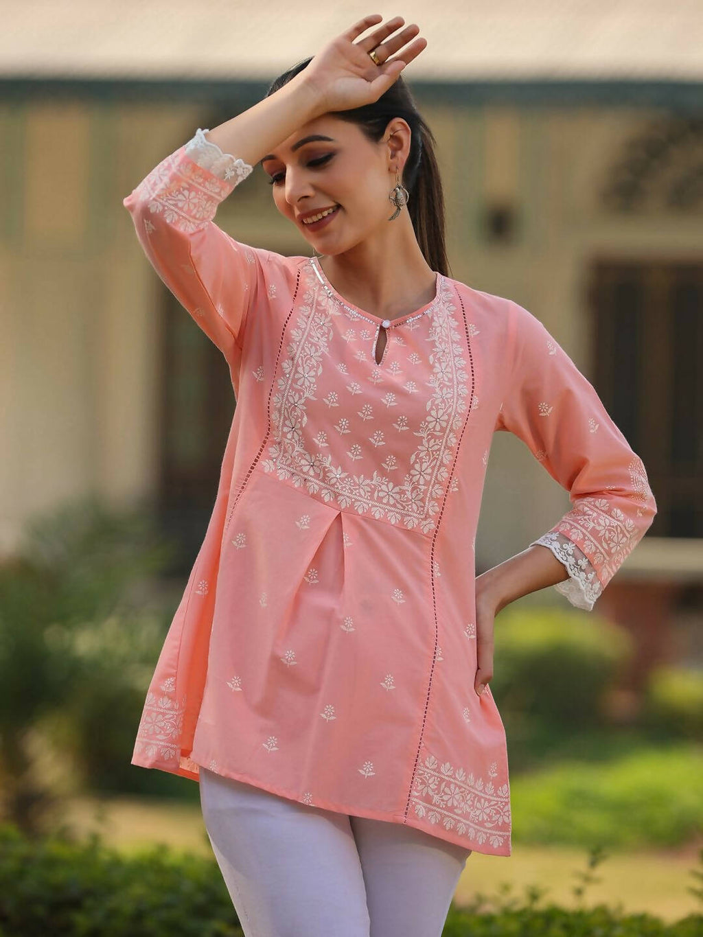 Juniper Women's Peach Cambric Floral Printed Tunic - Distacart
