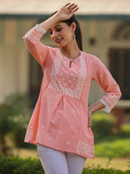 Juniper Women's Peach Cambric Floral Printed Tunic - Distacart