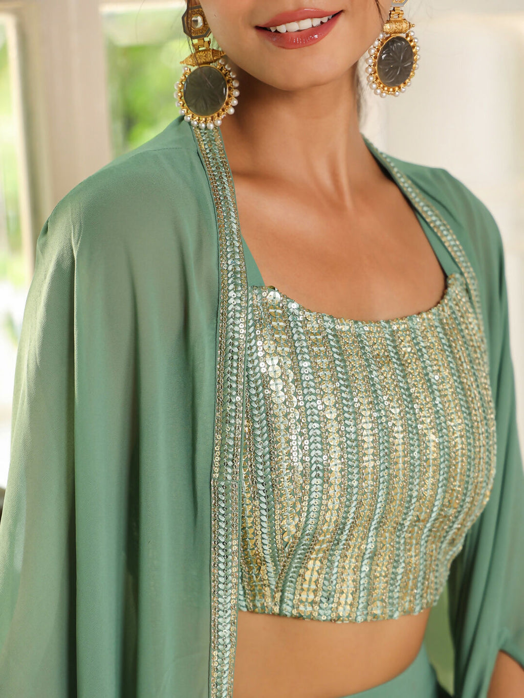 Janasya Sage Green Georgette Sequined Top Bottom Cape