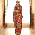 Deep Red Silk With Banarasi Print Work Saree - Trirath Yamuna
