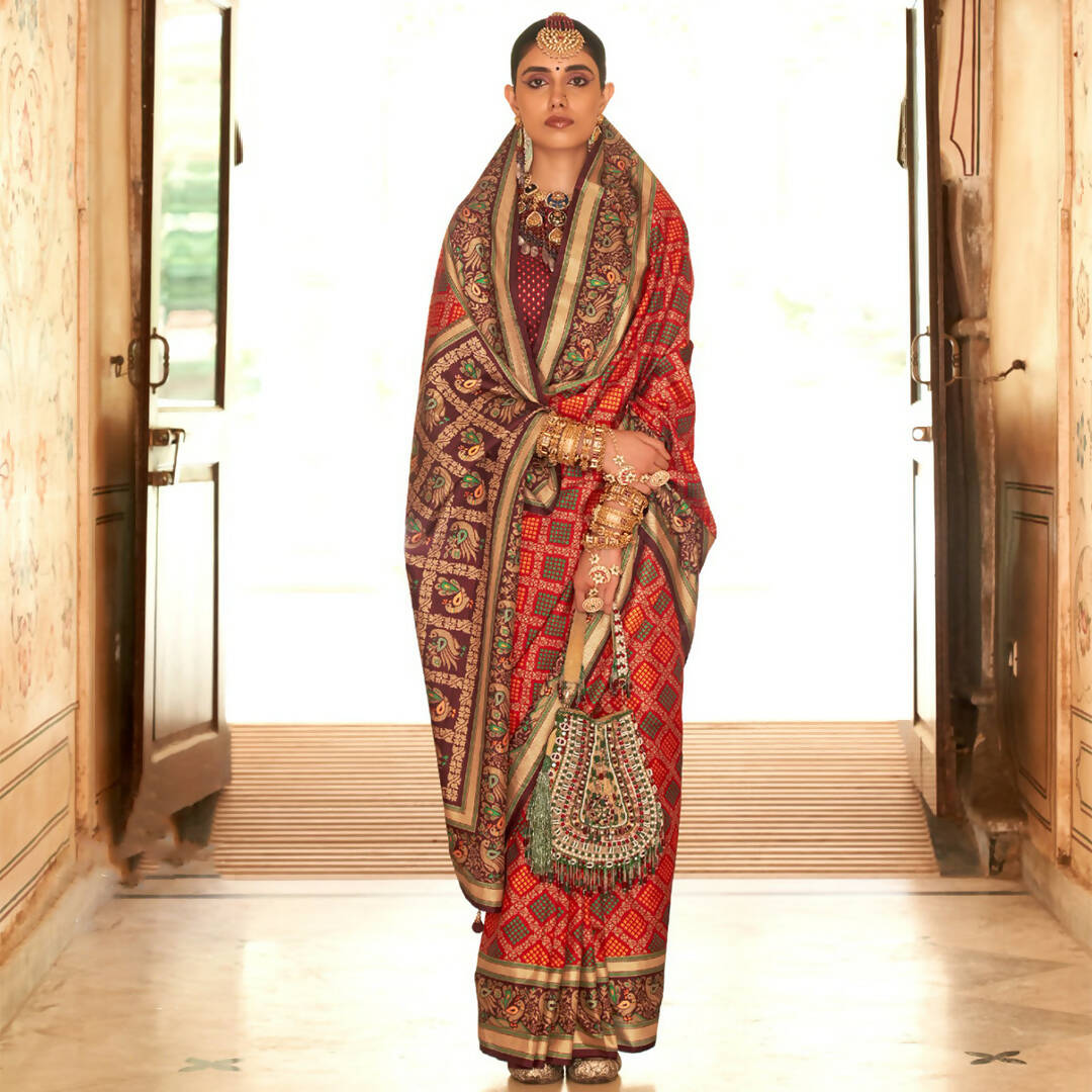 Deep Red Silk With Banarasi Print Work Saree - Trirath Yamuna