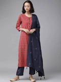 Yufta Women Red Pure Cotton Handblock Print Kurta with Trouser & Dupatta