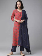 Yufta Women Red Pure Cotton Handblock Print Kurta with Trouser & Dupatta