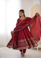 Teeya Creation Maroon Roman Silk Embroidery Work Party Wear Long Gown - Distacart