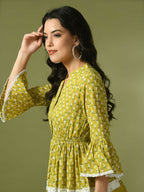 Myshka Women's Yellow Embellished Cotton Gathered Party Empire Top