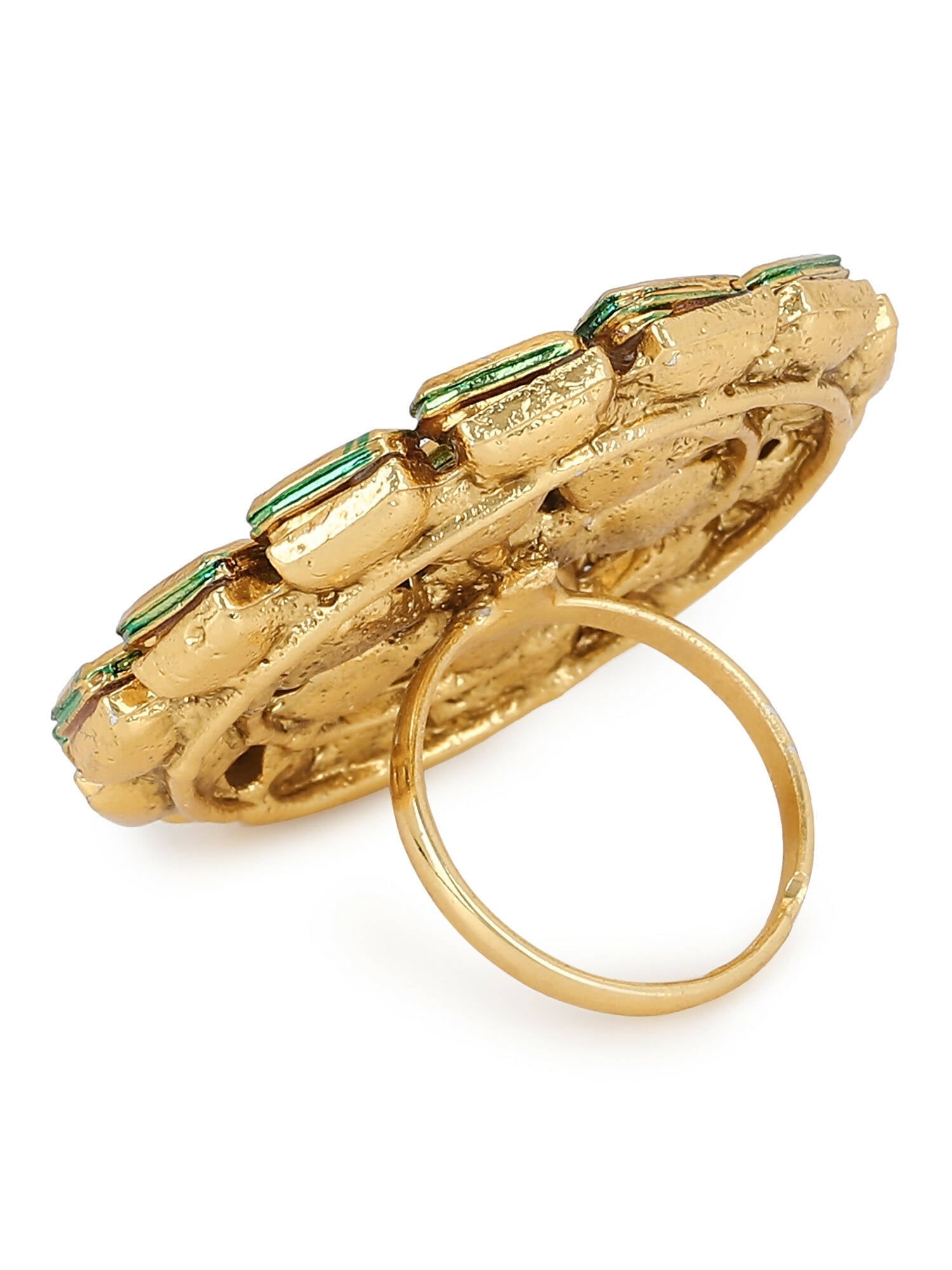 Gold-Plated White Kundan Studded Adjustable Finger Ring - Ruby Raang - Distacart