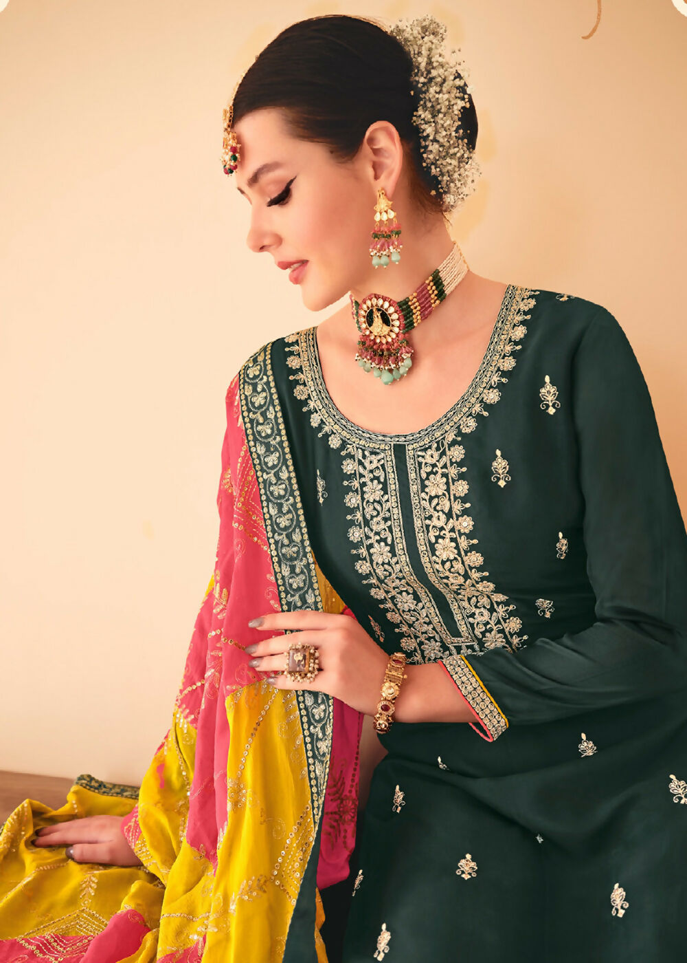 Dazzling Green Embroidered Chinnon Palazzo Salwar Kurta - Emponline