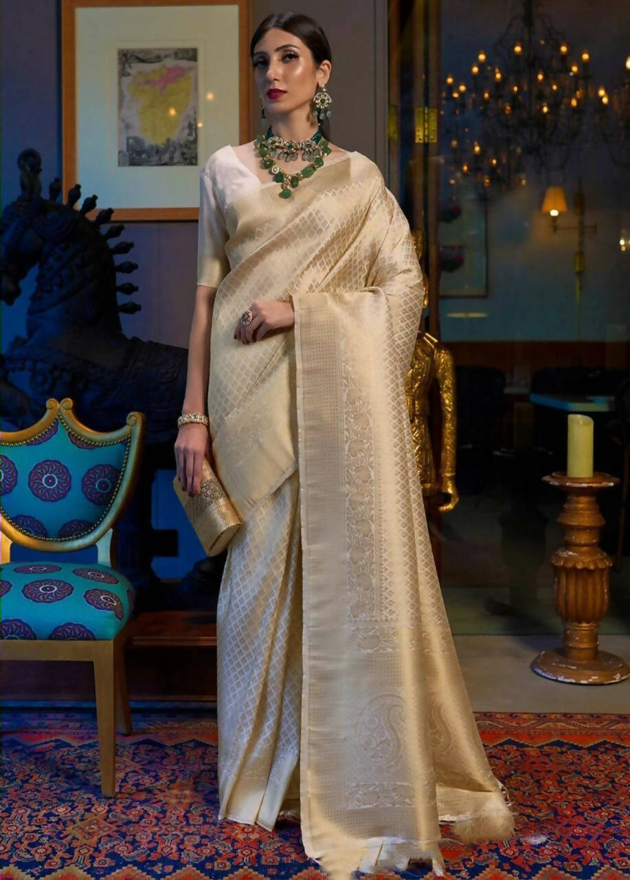 DEIANA'S Beautiful Designer Golden zari Soft Lichi Silk Saree - White